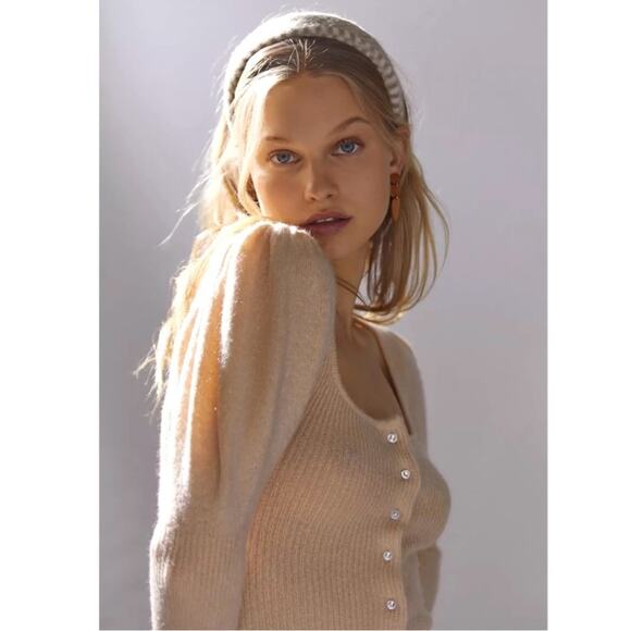 Urban Outfitters Ashley Puff Sleeve Rhinestone Button Cardigan Neutral Women's S - Picture 1 of 16